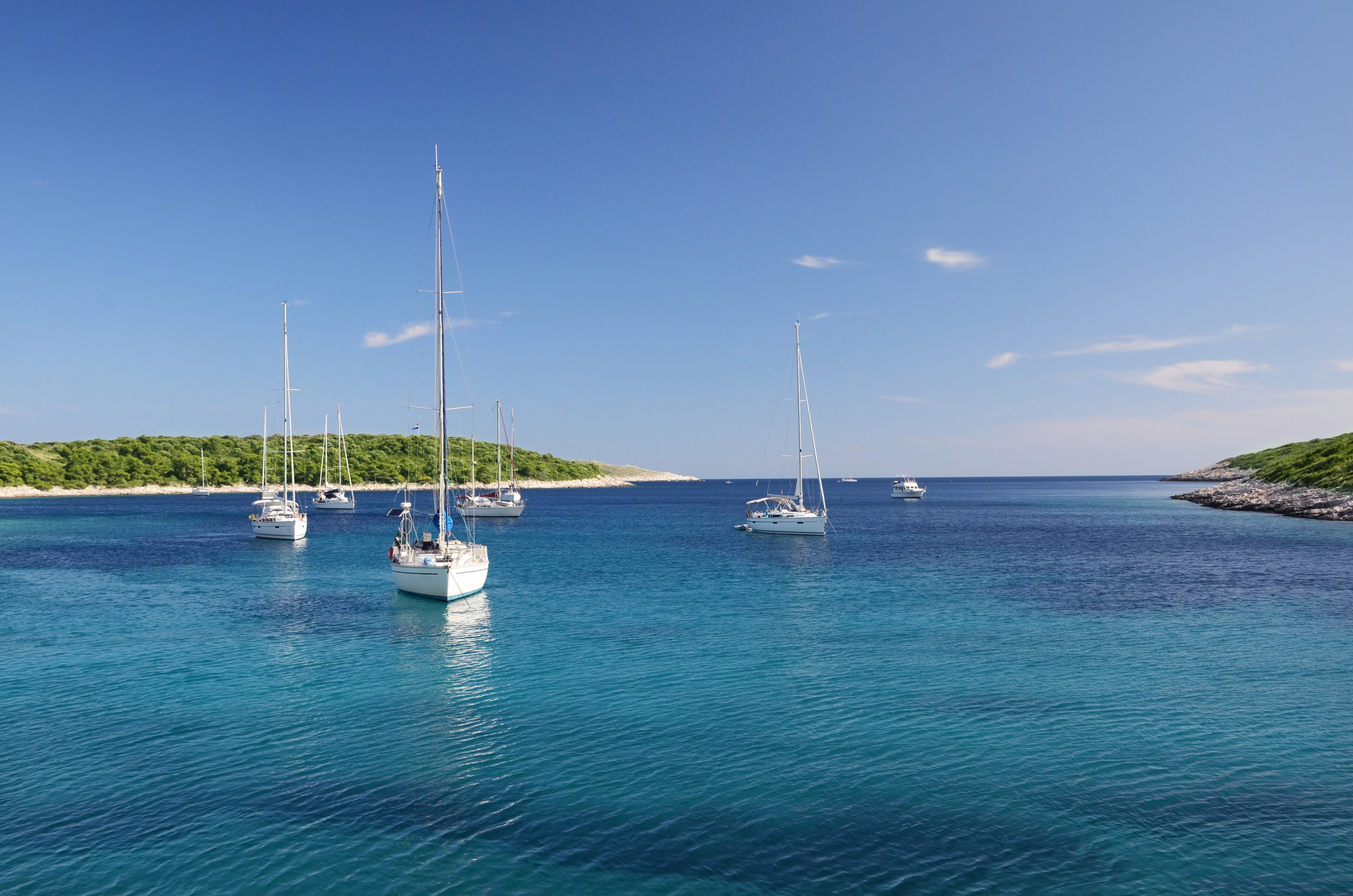 Sailboats on buoys in Paklinski Islands anchorage