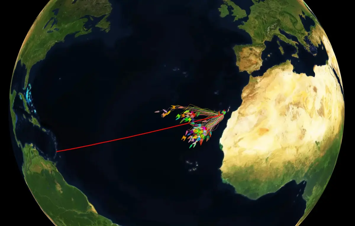 ARC Rally 2025 live fleet tracker map showing yachts crossing the Atlantic